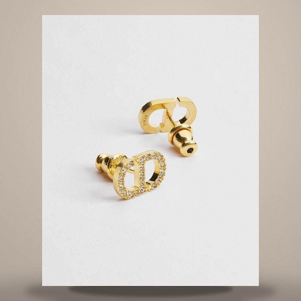 DIOR Petit CD Mini Stud Earrings Gold-Finish Metal Silver-Tone Crystals