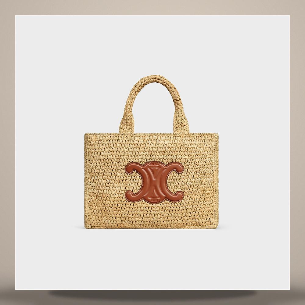 CELINE Small Cabas Thais Raffia Calfskin Tote Bag Tan