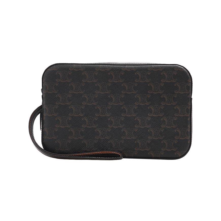 CELINE Triomphe Strap Leather Clutch Bag for Men, Light Gray
