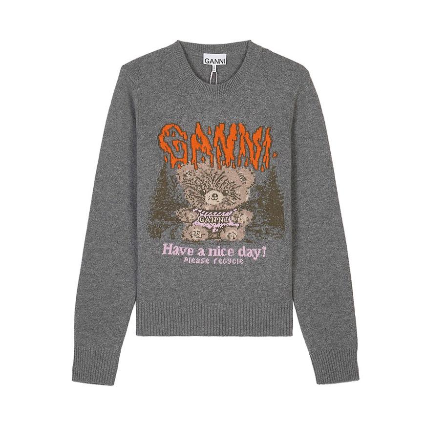 GANNI Women’s Teddy Graphic Crewneck Knit Sweater Black