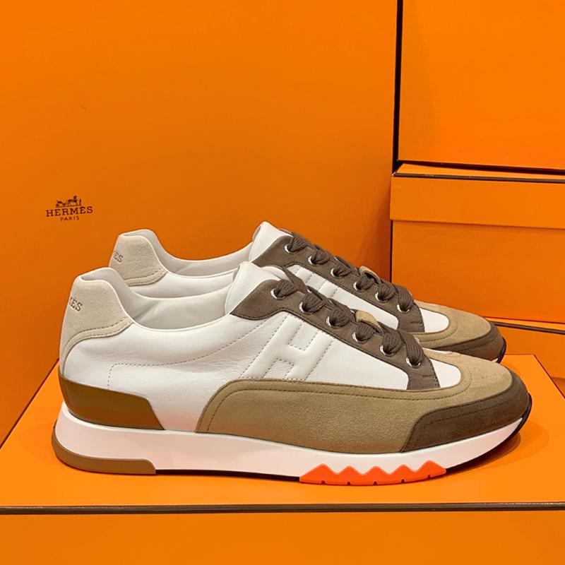 HERMES Men’s Trail Sneakers Calfskin White Brown Low-Top