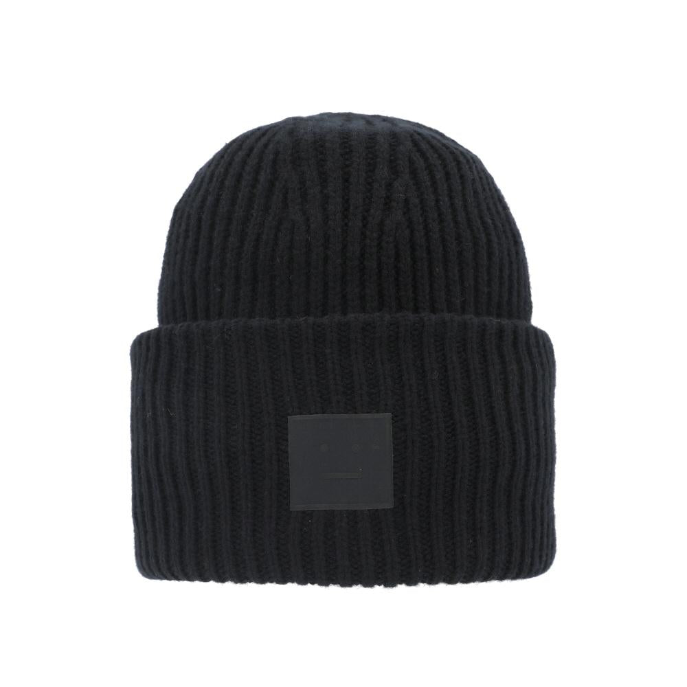 Acne Studios Face Logo Patch Beanie Hat for Men C40424 BLACK