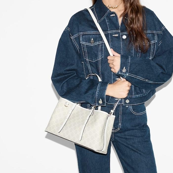 GUCCI GG Emblem Small Leather Tote Shoulder Bag Cream