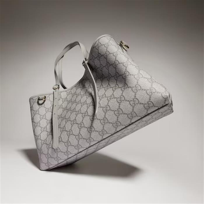 GUCCI GG Emblem Small Tote Bag Gray Leather Shoulder Bag