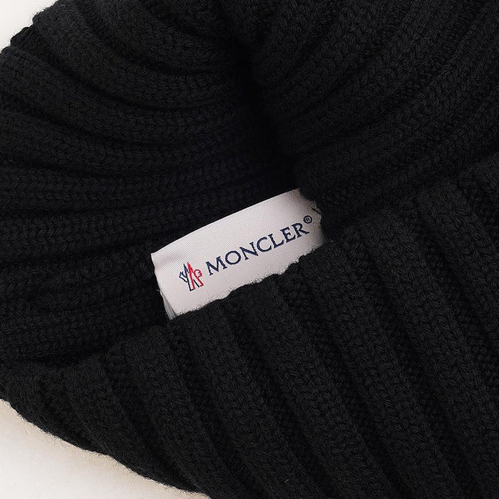 Moncler Women’s Logo Patch Pom Pom Beanie Black Knit Hat