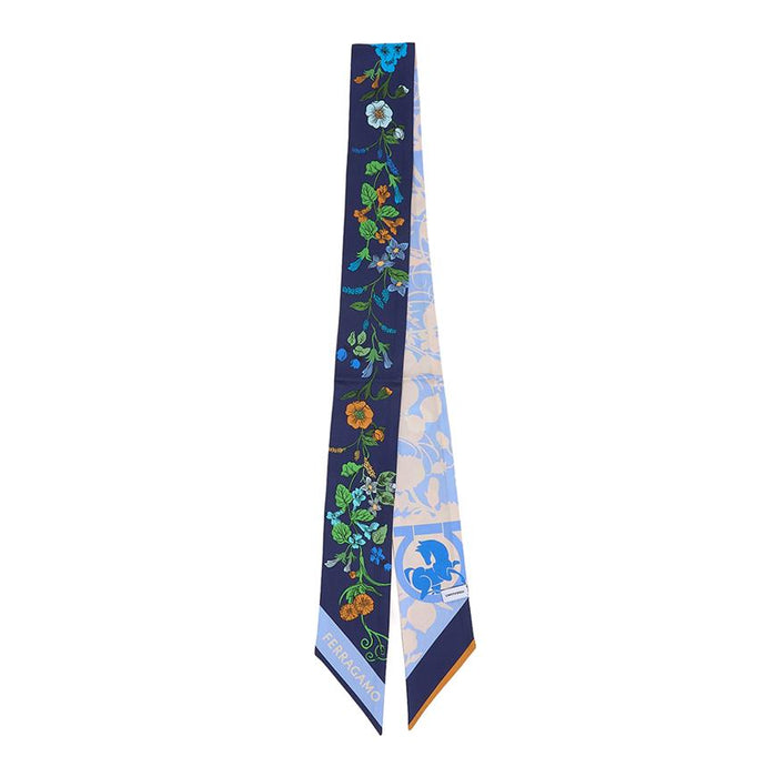 Ferragamo Navy Camel Pegasus Twilly Silk Scarf for Women