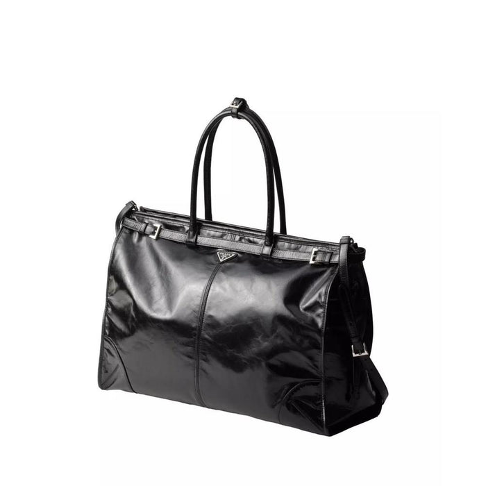 PRADA Triangle Logo Leather Tote Bag Black
