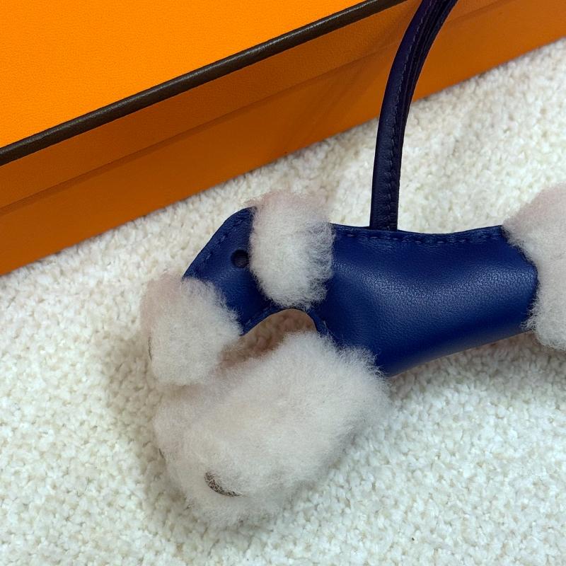 HERMES Dog Charm Merino Wool Milo Blue Keyring Unisex Accessory