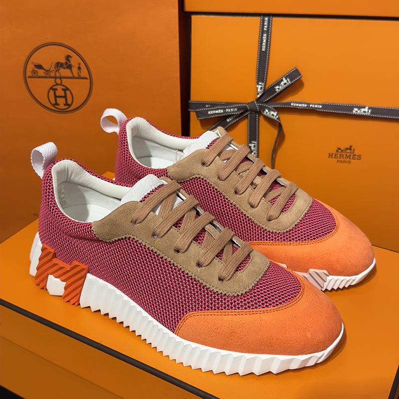 HERMES Bouncing Sneakers Pink Multi Mesh H Orange Logo Low-Top