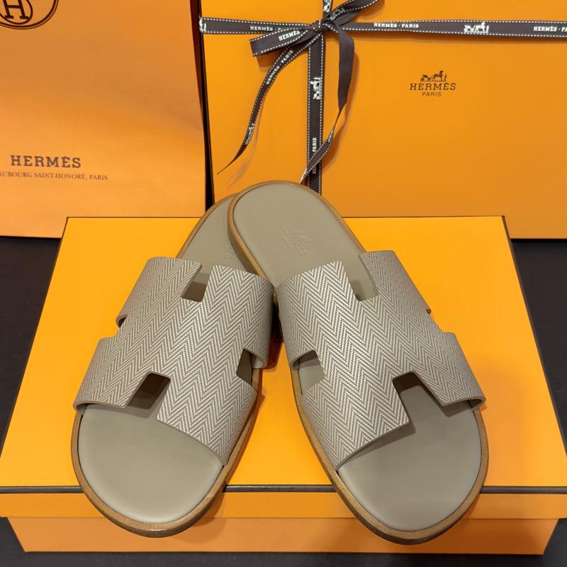HERMES Izmir Sandals Chevron Beige Calfskin Men's Slippers
