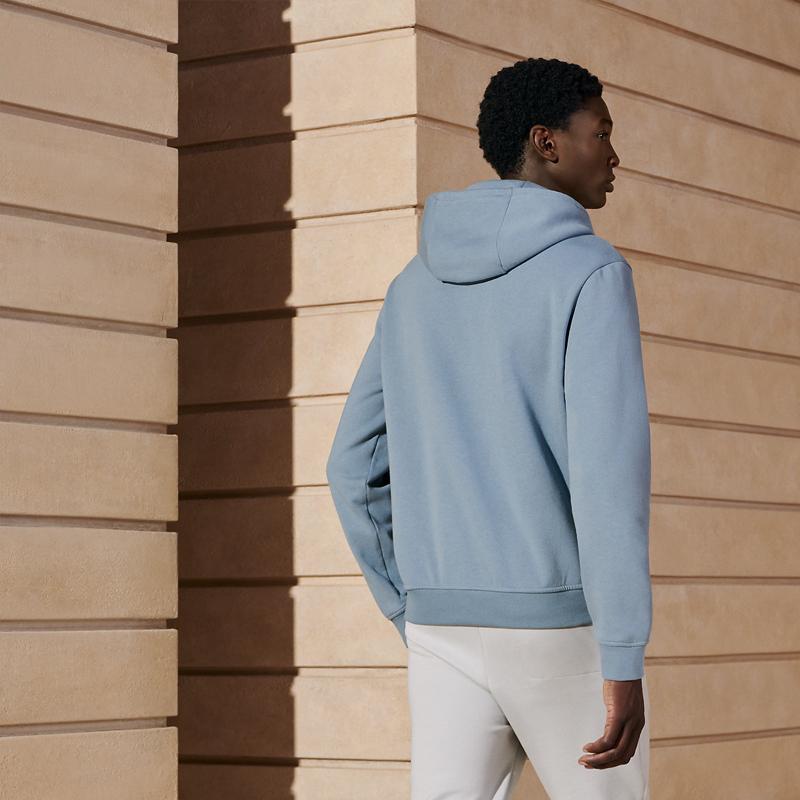 HERMES Blue Cotton Hoodie Long Sleeve with Lambskin Leather Patch