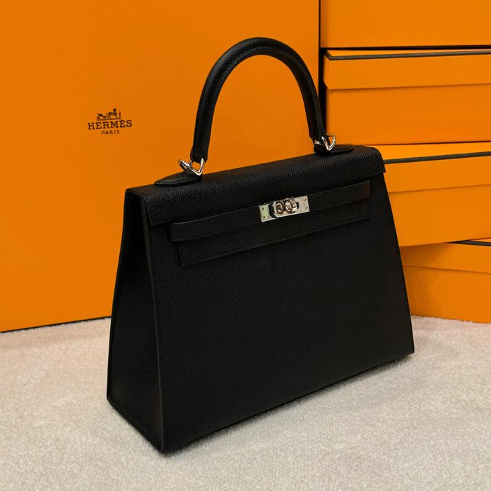 HERMES Kelly Bag Epsom Leather Black Palladium Hardware Tote 25