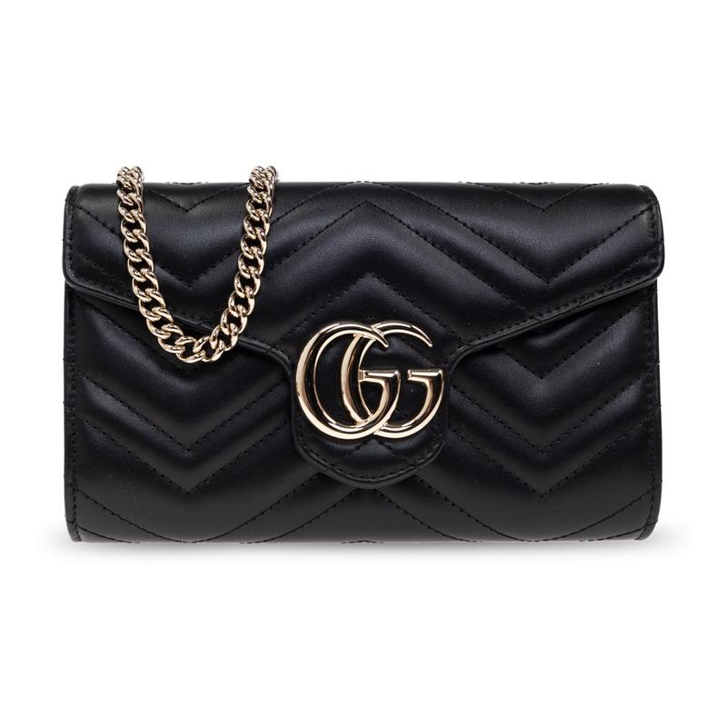 GUCCI GG Marmont Chain Wallet Crossbody Bag Black Leather