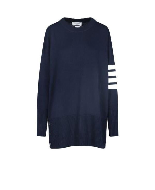 THOM BROWNE Oversized Crewneck 4-Bar Stripe Knit Sweater Navy