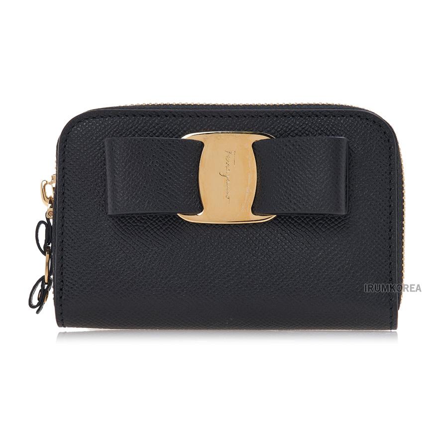 Ferragamo Vara Leather Card Holder Wallet Black Women