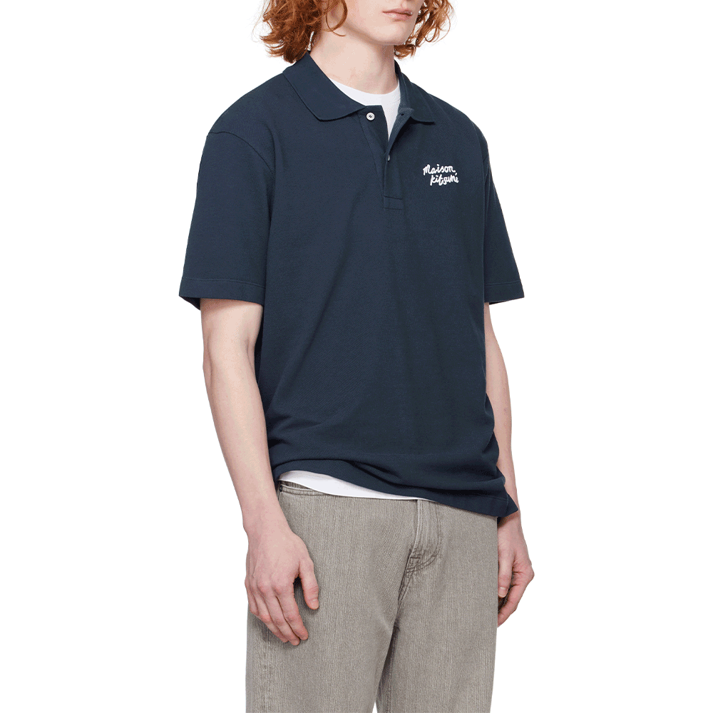 Maison Kitsune Handwriting Logo Short Sleeve Polo Shirt Navy MM00201 KJ7010 P476