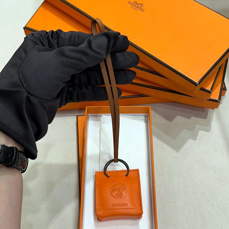 HERMES Orange Brown Gold Calfskin Bag Charm Keyring Unisex