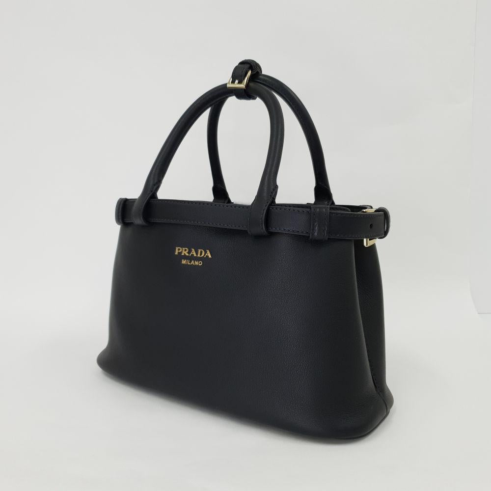 PRADA Double Belt Buckle Small Women’s Tote Shoulder Bag Black