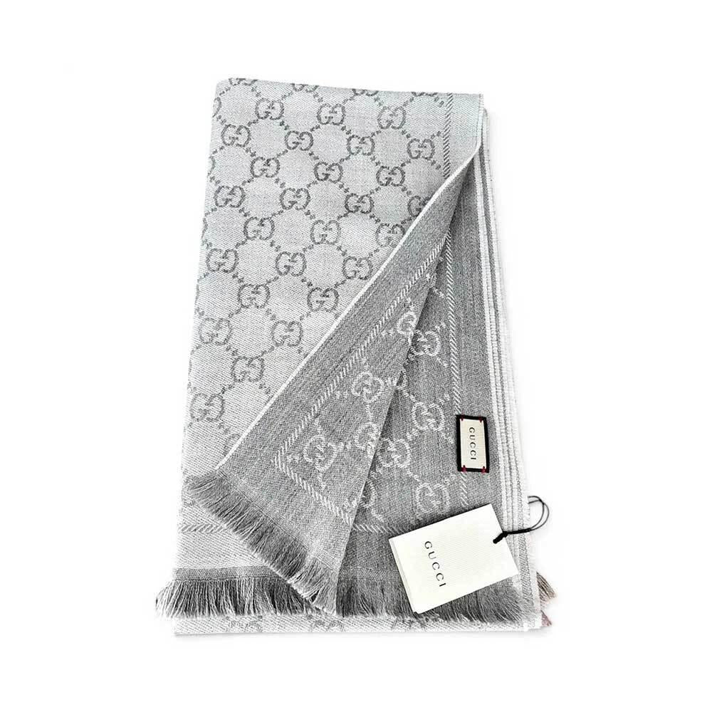 GUCCI GG Logo Wool Scarf Unisex Gray
