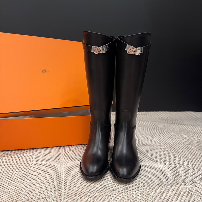 HERMES Black Calfskin Jumping Kelly Buckle Long Boots Silver Hardware