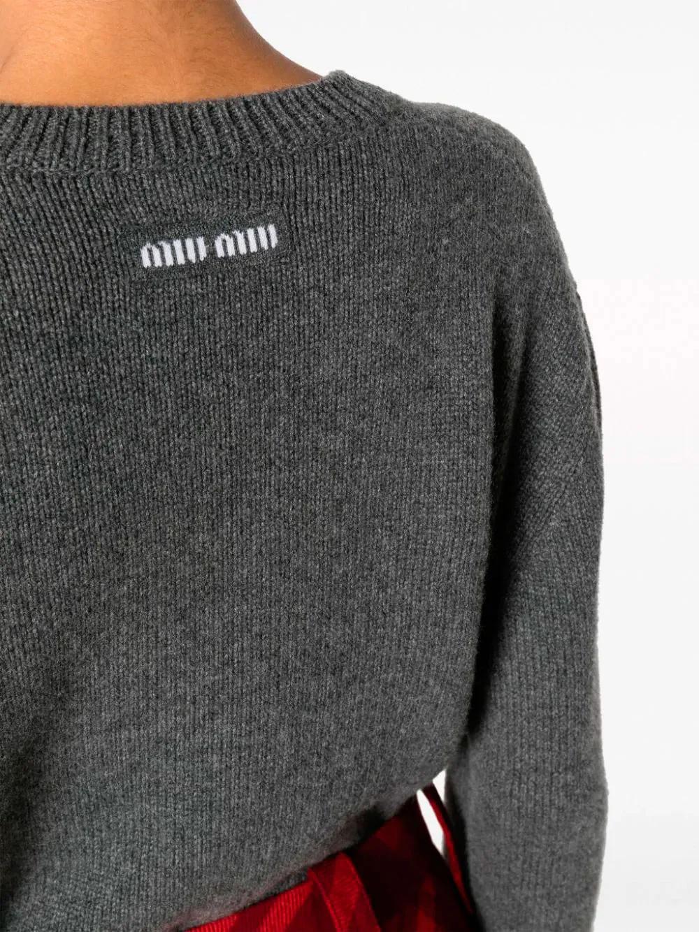 Miu Miu Back Logo Cashmere Crewneck Sweater Gray