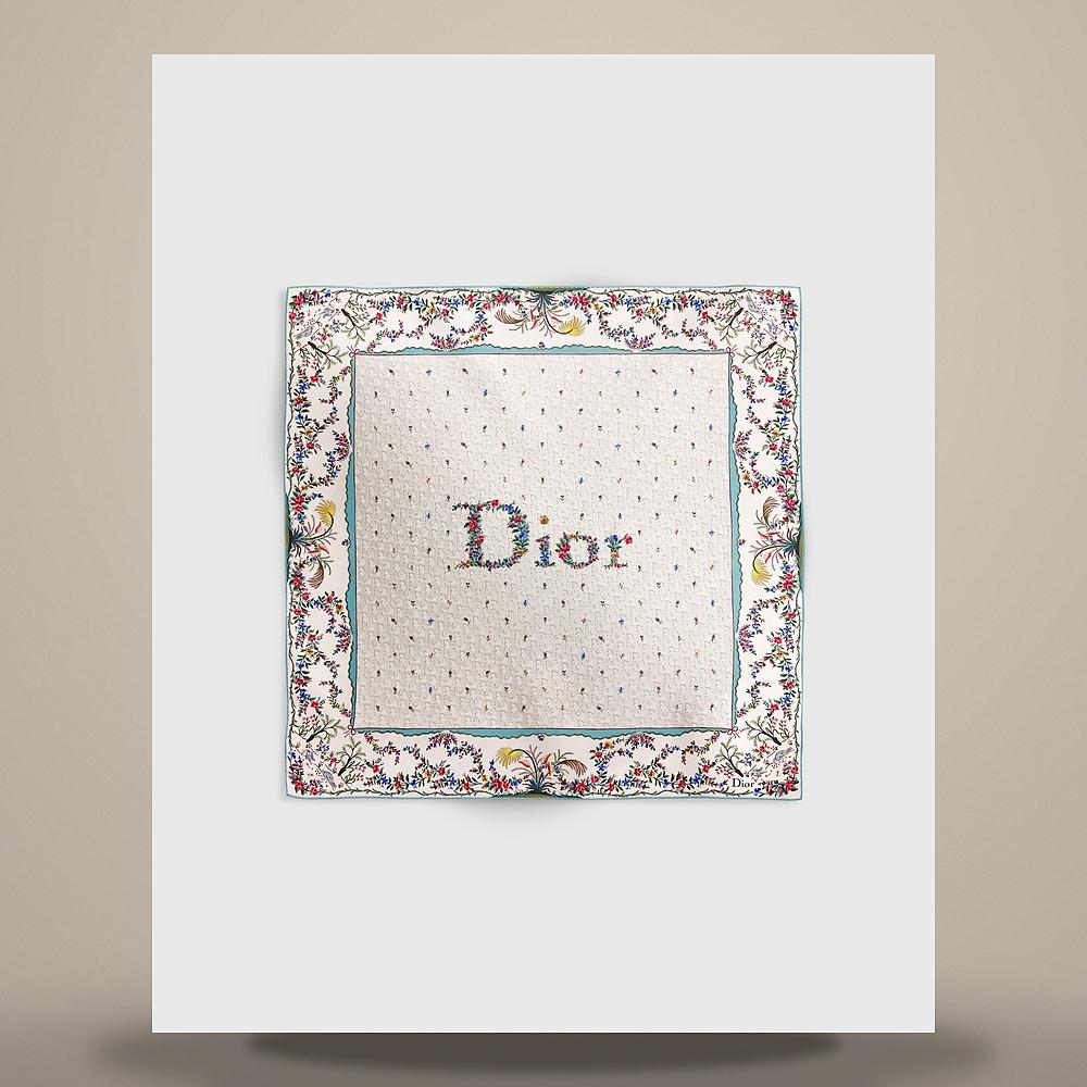 DIOR Amour Revolution Flower 90 Square Scarf White Multicolor Silk Twill