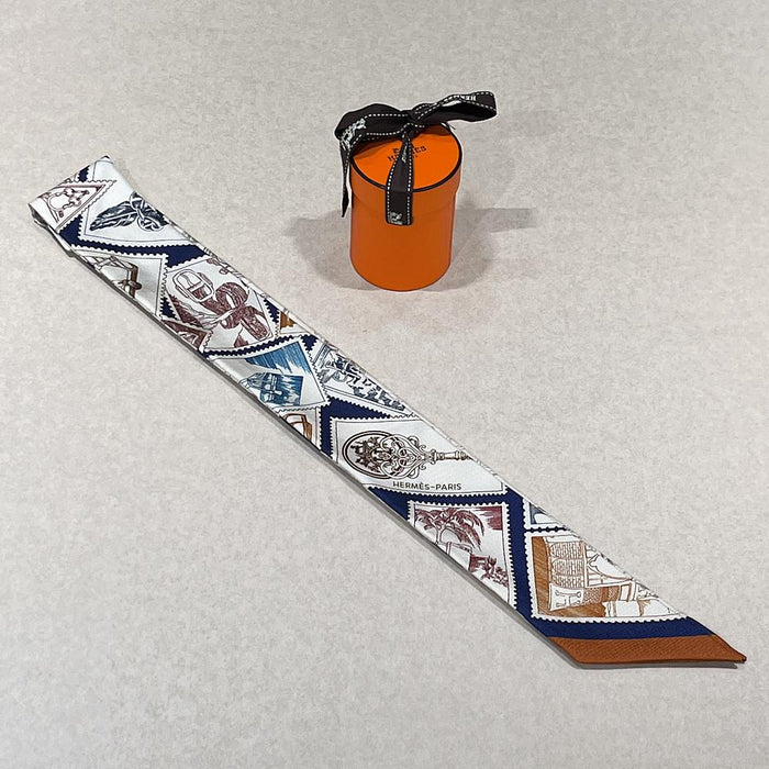 HERMES Silk Petit Le Philateliste du Faubourg Scarf White Navy
