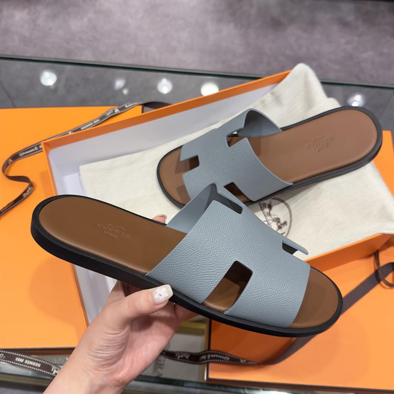 HERMES Izmir Sandals Epsom Leather Blue Brown Two-Tone Slippers