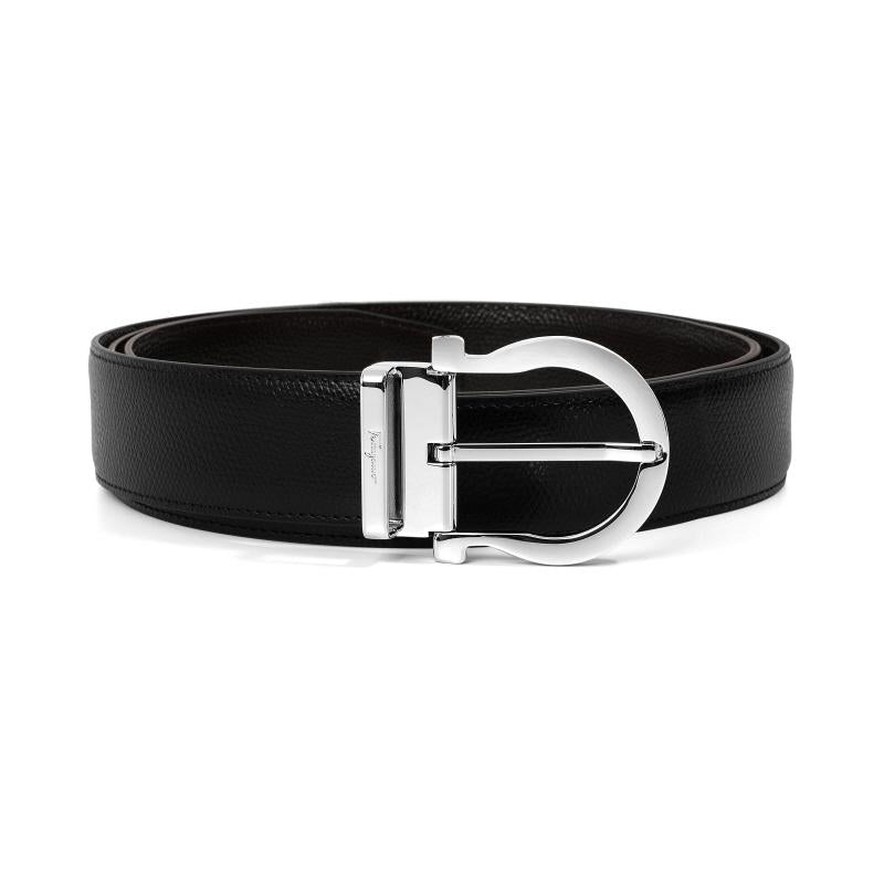 Ferragamo Men’s Leather Belt Black Reversible Silver Buckle 0675140