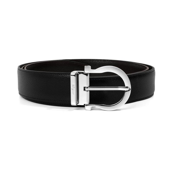 Ferragamo Men’s Leather Belt Black Reversible Silver Buckle 0675140