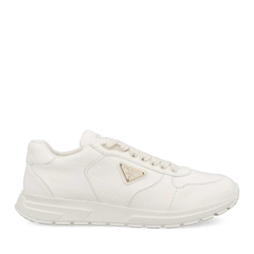 PRADA White Leather Low-Top Sneakers with Gold Triangle Logo Women 1E0210