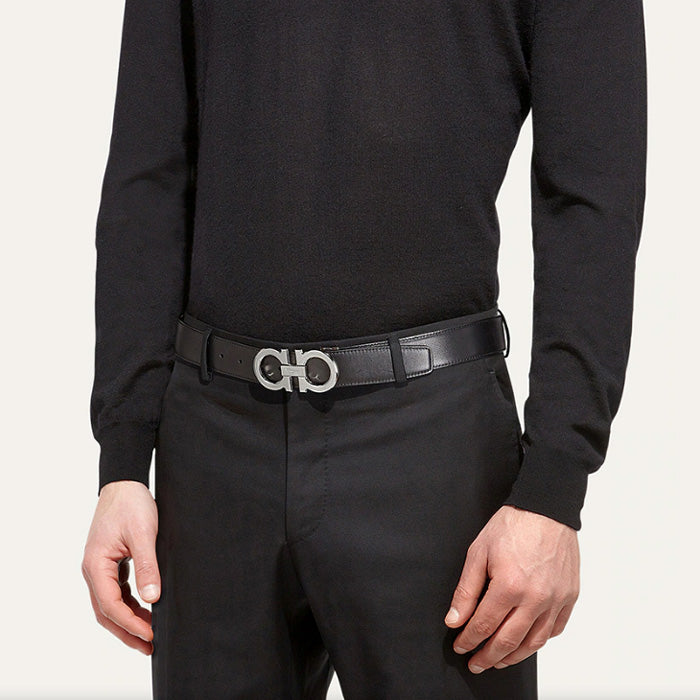 Ferragamo Men's Double Gancini Reversible Belt with Ruthenium Finish 35mm
