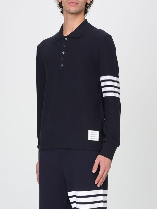 THOM BROWNE Textured Pique 4-Bar Long Sleeve Polo Shi MJP234A J0248 415 NAVY DOM