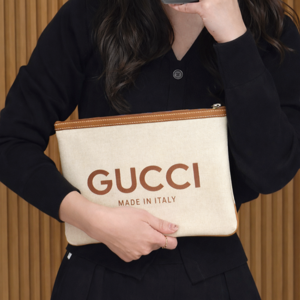 GUCCI Beige Cotton Linen Canvas Clutch Bag 777165