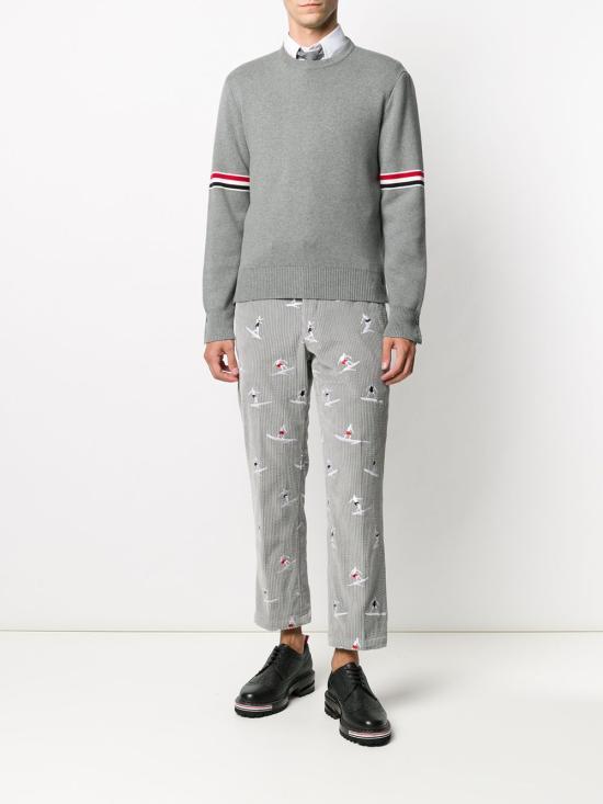 THOM BROWNE RWB Armband Jacquard Round Neck Knit Sweater Light Gray