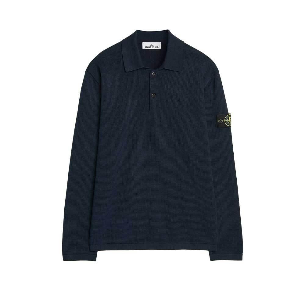 STONE ISLAND Waffle Knit Long Sleeve Polo Shirt Navy 5100024