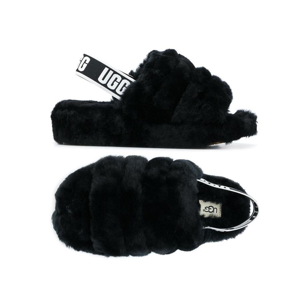 Ugg Black Fluff Yeah Slide Faux Fur Sandals 1095119 BLK