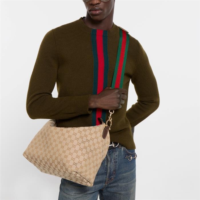 GUCCI Brera Medium Crossbody Bag Beige Canvas Leather Trim
