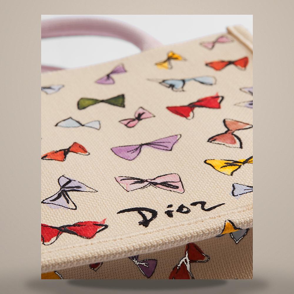 DIOR Small Book Tote Shoulder Bag Latte Multicolor Bow Embroidery M1404OETR M941