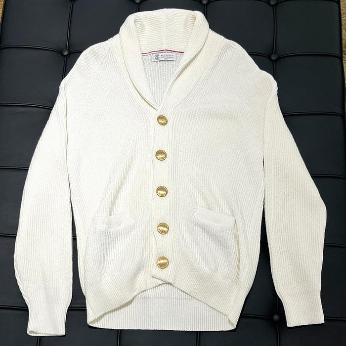 Brunello Cucinelli Ivory Allover Rib Shawl Collar Cardigan