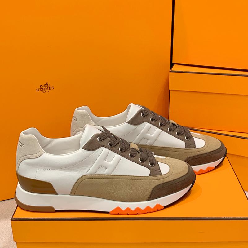 HERMES Men’s Trail Sneakers Calfskin White Brown Low-Top