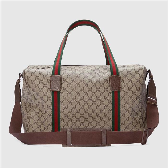 GUCCI Medium Duffel Bag with Web Detail Crossbody Canvas Beige Brown