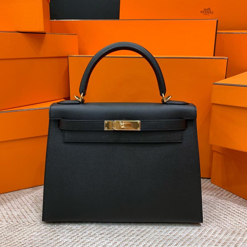 HERMES Kelly 28 Epsom Leather Tote Bag Black Gold Hardware