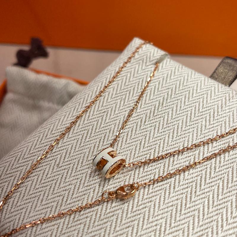 HERMES Mini Pop H Necklace White Rose Gold Pendant Women
