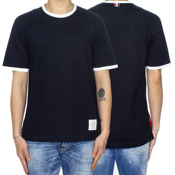 THOM BROWNE Ringer Cotton Tricolor Stripe Short Sleeve T-Shirt