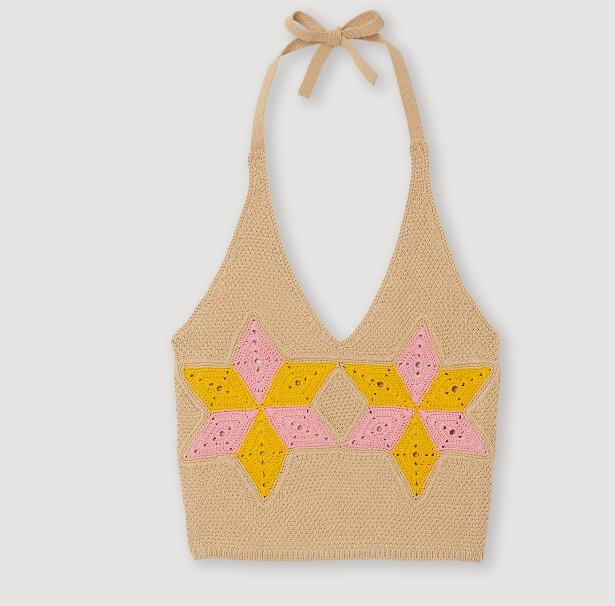 Sandro Crochet Halter Neck Knit Bustier Top