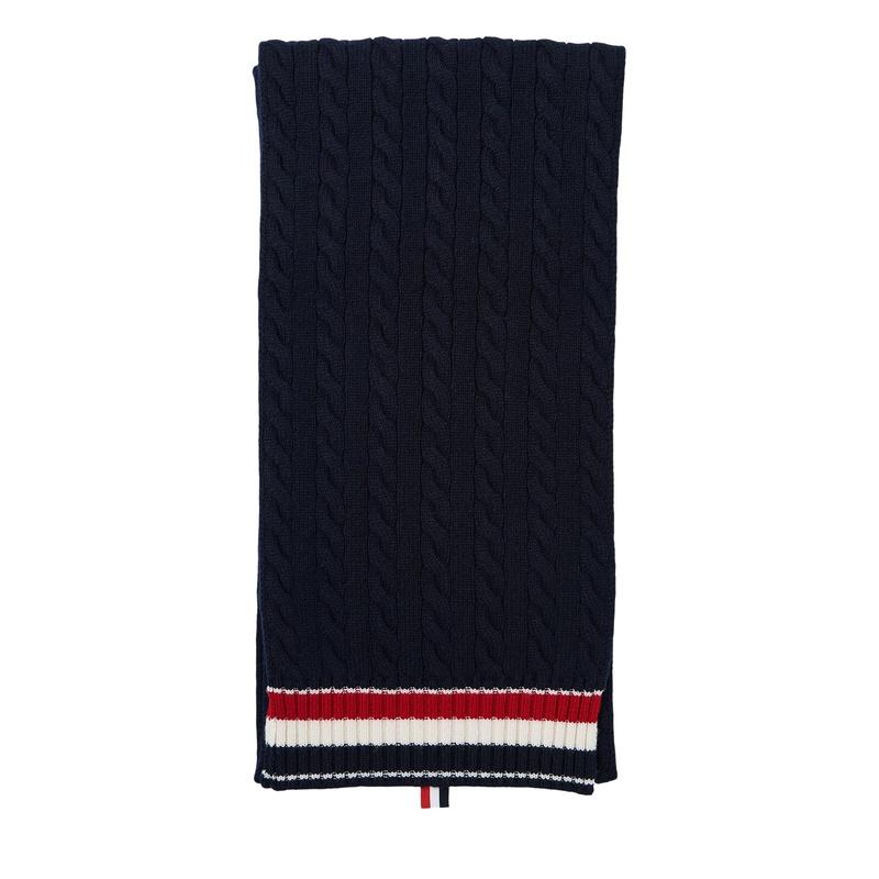 THOM BROWNE Cable Knit Wool Scarf Navy Unisex