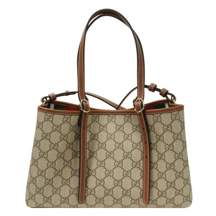 GUCCI GG Emblem Medium Tote Bag Beige Brown Leather Handbag