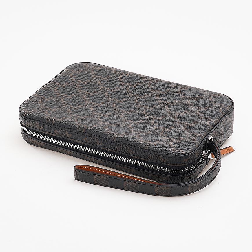 CELINE Triomphe Strap Leather Clutch Bag for Men, Light Gray