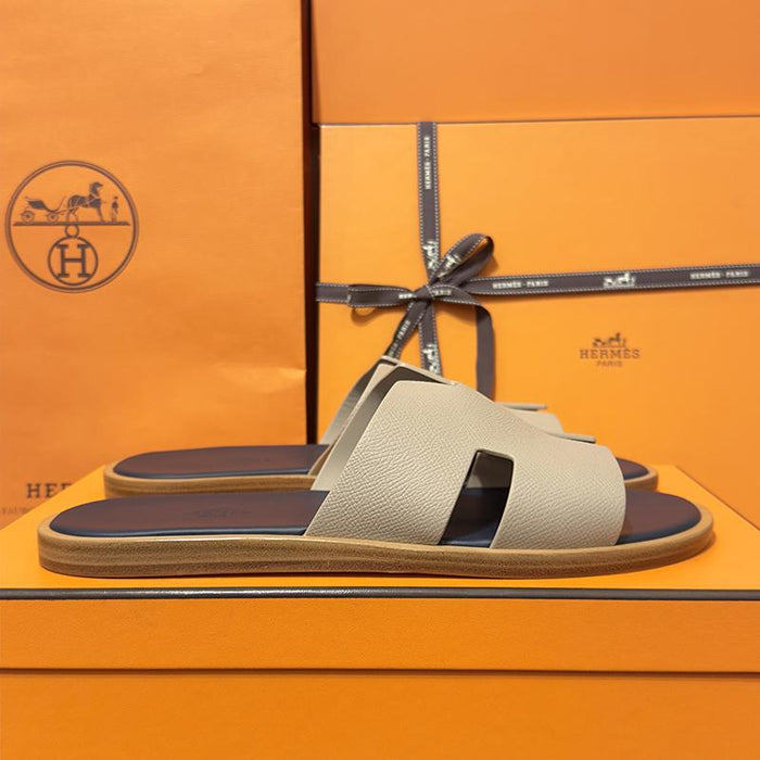 HERMES Izmir Epsom Calfskin Sandals Light Beige Dark Gray Men